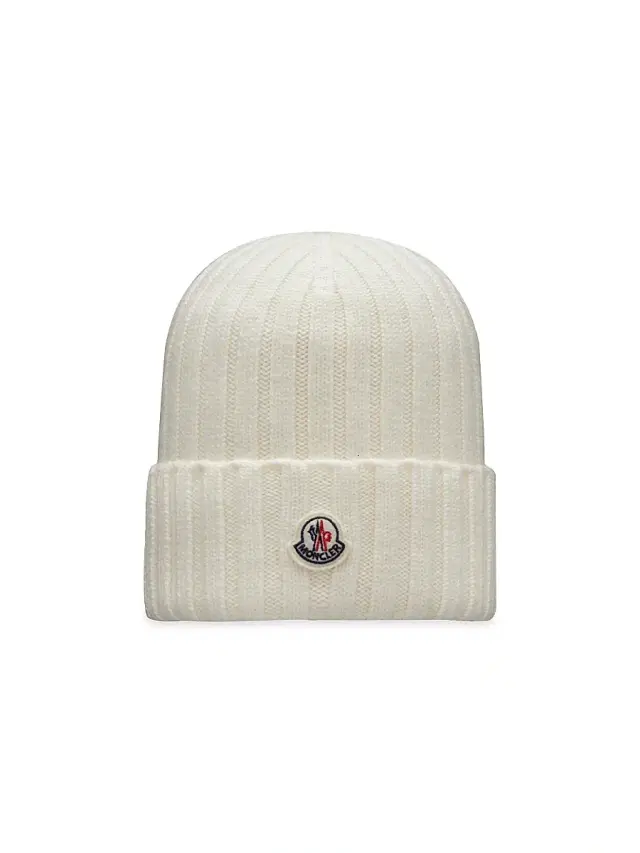 Women's Wool Ribbed Knit Logo Beanie - White Multi
