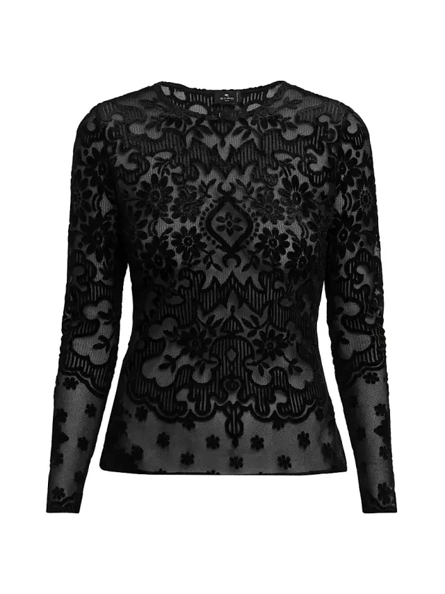 Women's Floral Velvet Mesh Long-Sleeve Top - Black