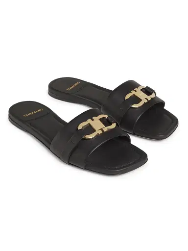 Ferragamo Women's Leah Leather Slides - Nero - Size 11 Sandals | Thumbnail 2