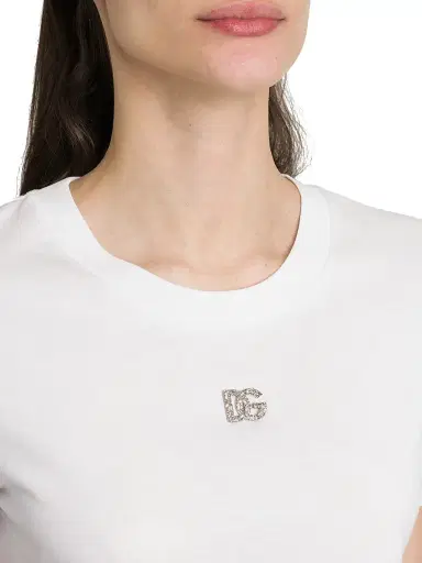 Dolce & Gabbana Women's Embellished DG Logo T-Shirt - Bianco Ottico - Size 8 | Thumbnail 6