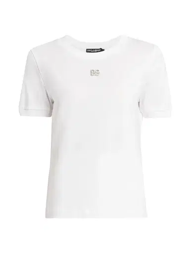 Dolce & Gabbana Women's Embellished DG Logo T-Shirt - Bianco Ottico - Size 8 | Thumbnail 1