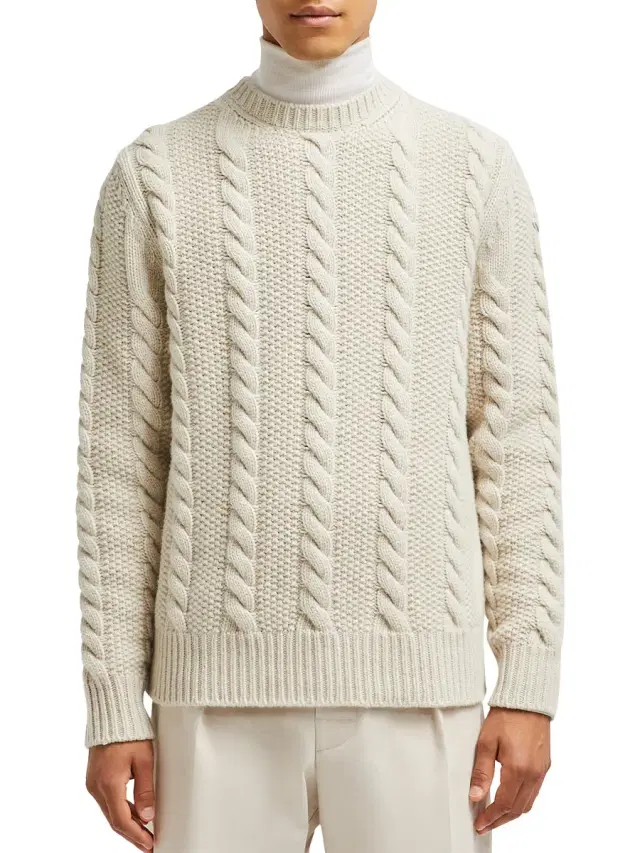 Men's Wool and Cashmere Knit Sweater - Light Beige