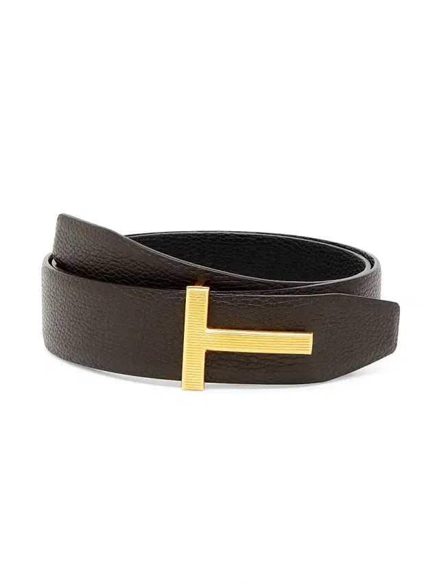 TOM FORD Men's Ridged T Buckle Reversible Leather Belt - Brown Black