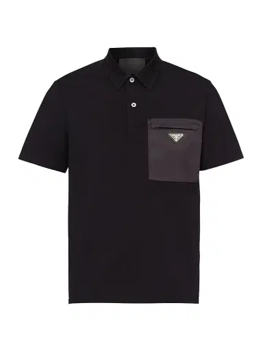 Prada Men's Stretch Cotton Polo Shirt with Nylon Details - Black - Size Medium | Thumbnail 1 Prada Men's Stretch Cotton Polo Shirt with Nylon Details - Black - Size Medium | Thumbnail 1