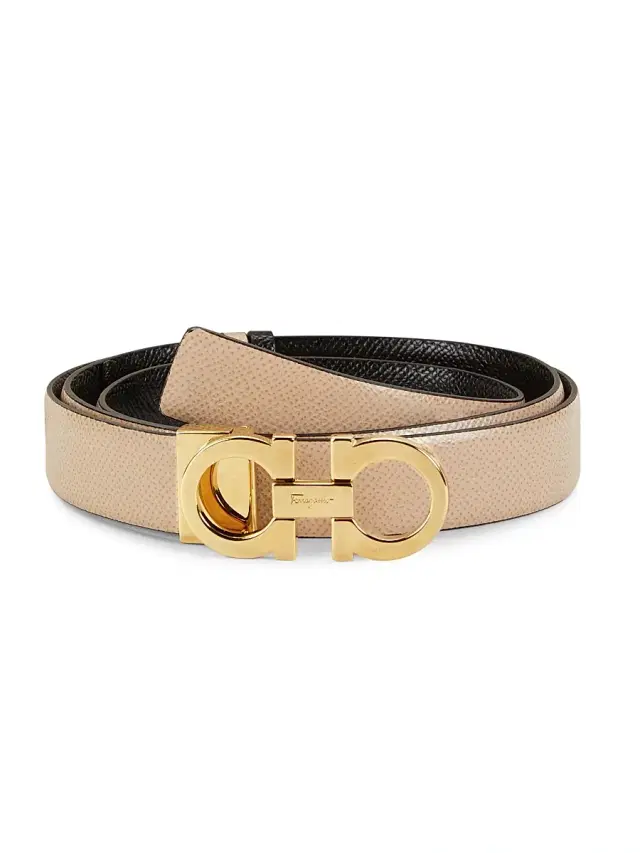 FERRAGAMO Women's Gancini Adjustable Cut-to-Size Reversible Hammered Leather Belt - Macadamia