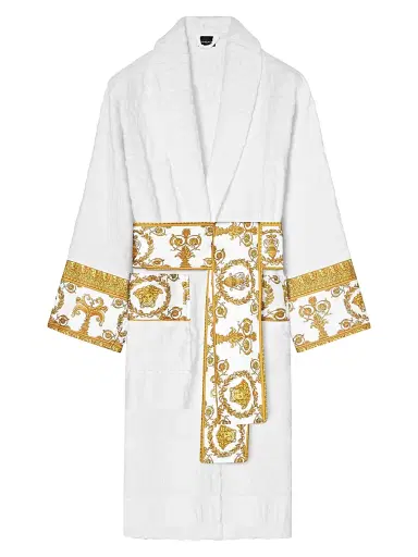 Versace Men's Logo Baroque Bathrobe - White | Thumbnail 1 Versace Men's Logo Baroque Bathrobe - White | Thumbnail 1