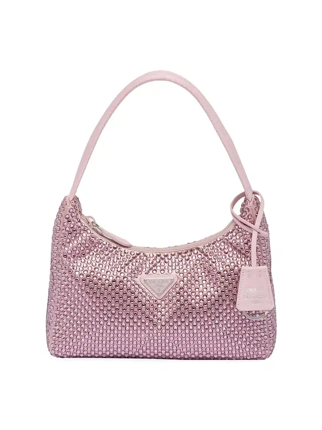 Women's Re-Edition Mini Satin Shoulder Bag with Crystals - Pink