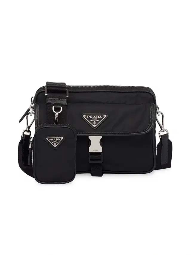 Men's Re-Nylon And Saffiano Leather Shoulder Bag - Black