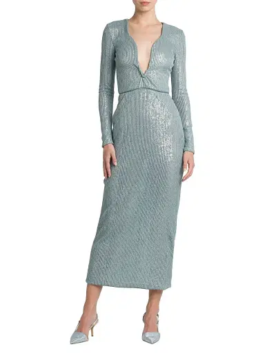 Giorgio Armani Women's Sequined Long-Sleeve Midi Dress - Silver Cloud - Size 14 | Thumbnail 2