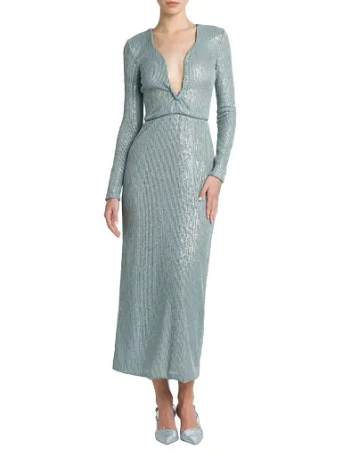 Giorgio Armani Women's Sequined Long-Sleeve Midi Dress - Silver Cloud - Size 14 | Thumbnail 3