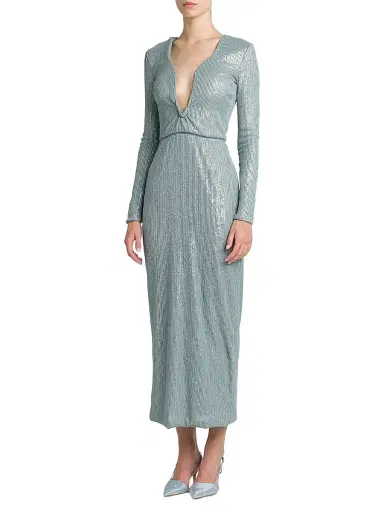 Giorgio Armani Women's Sequined Long-Sleeve Midi Dress - Silver Cloud - Size 14 | Thumbnail 4