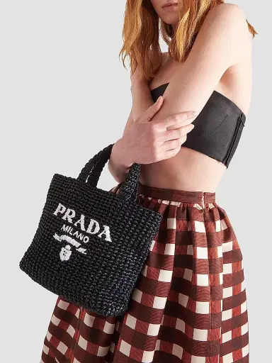Prada Women's Small Raffia Tote Bag - Black | Thumbnail 2 Prada Women's Small Raffia Tote Bag - Black | Thumbnail 2