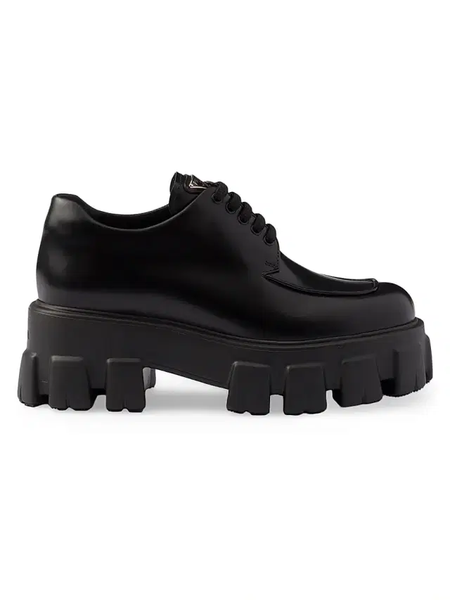 Prada Women's Monolith Brushed Leather Lace-Up Shoes - Black