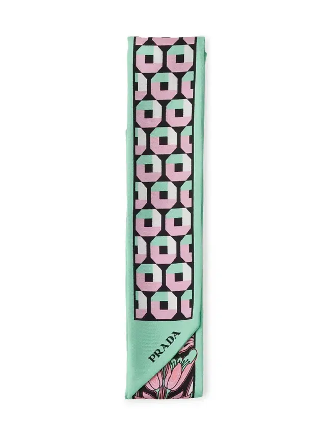 Women's Skinny Printed Silk Twill Rectangular Scarf - Green