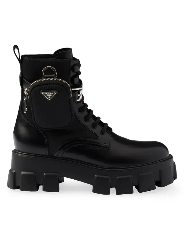 Prada Women's Monolith Leather and Re-Nylon Combat Boots - Black