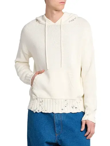 Marni Men's Distressed Hooded Sweater - Lily White - Size 44 | Thumbnail 3