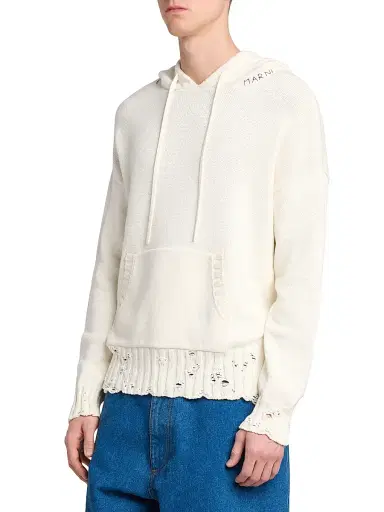Marni Men's Distressed Hooded Sweater - Lily White - Size 44 | Thumbnail 4