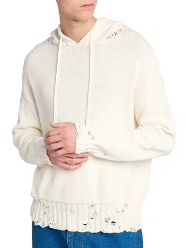 Marni Men's Distressed Hooded Sweater - Lily White - Size 44 | Thumbnail 6