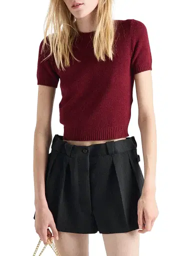 Prada Women's Short-Sleeved Cashmere Sweater - Dark Red - Size 10 | Thumbnail 2