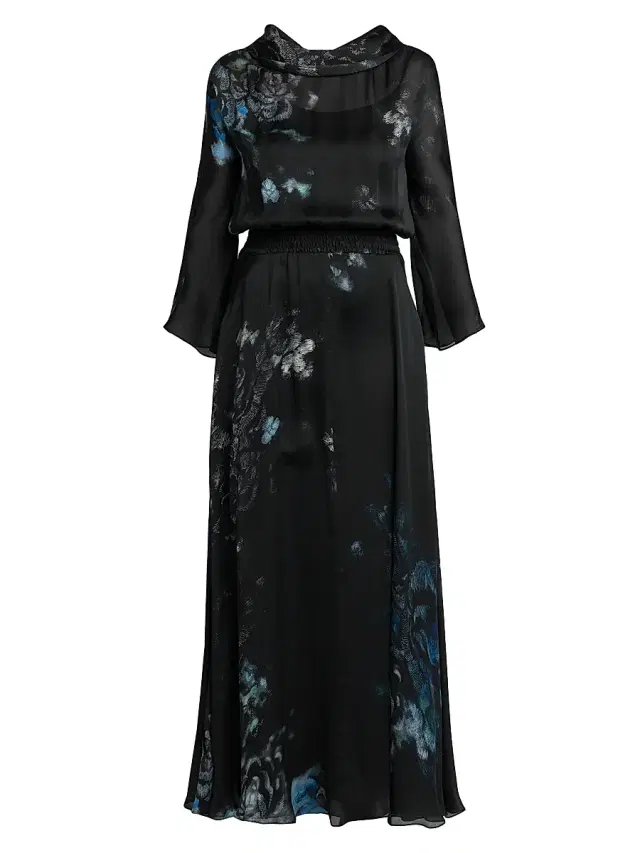 Women's Floral Silk Long-Sleeve Maxi Dress - Black Beauty
