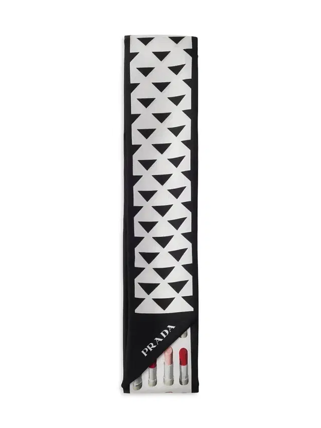 Women's Skinny Printed Silk Twill Rectangular Scarf - Black