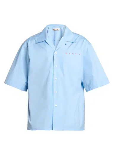 Marni Men's Logo Poplin Camp Shirt - Iris Blue - Size 46 | Thumbnail 1 Marni Men's Logo Poplin Camp Shirt - Iris Blue - Size 46 | Thumbnail 1