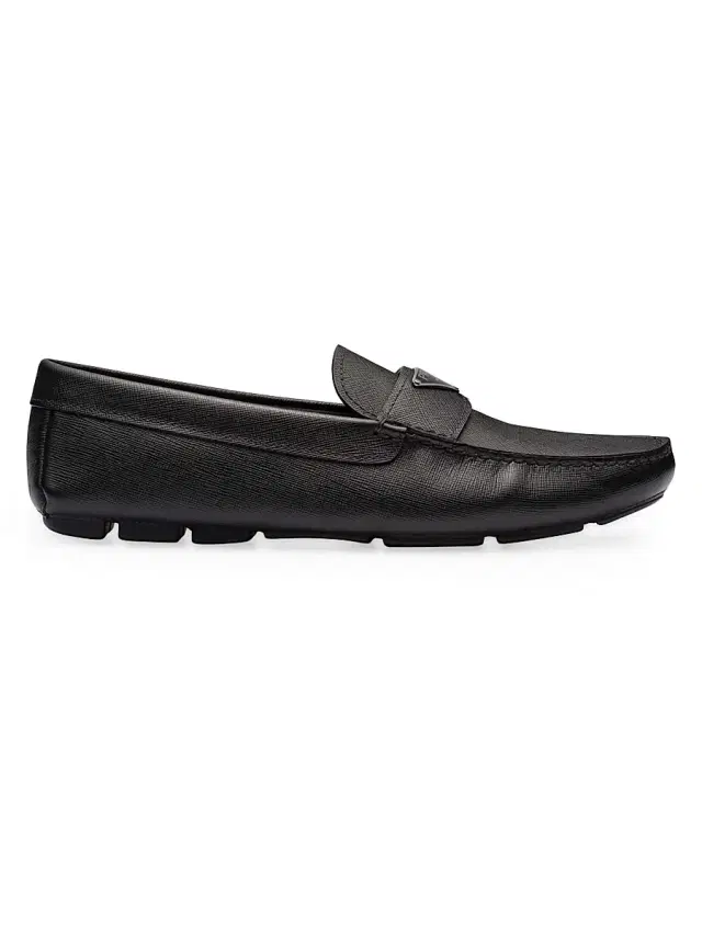 Men's Saffiano Leather Driver Loafers - Black