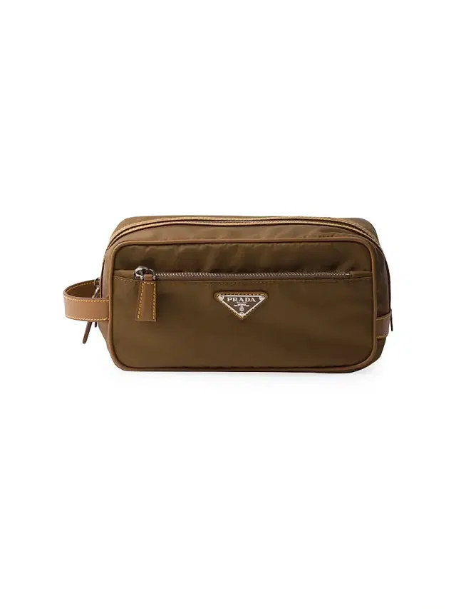 Men's Re-Nylon And Leather Pouch - Brown