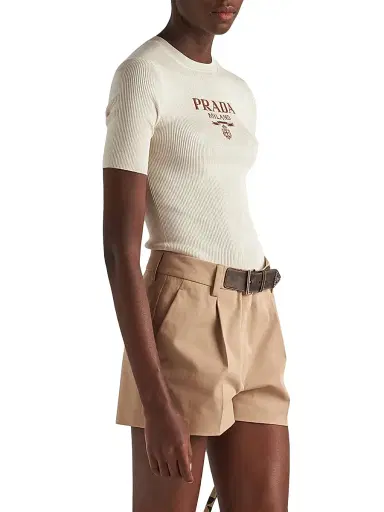 Prada Women's Silk Crewneck Sweater with Logo - Beige | Thumbnail 2 Prada Women's Silk Crewneck Sweater with Logo - Beige | Thumbnail 2