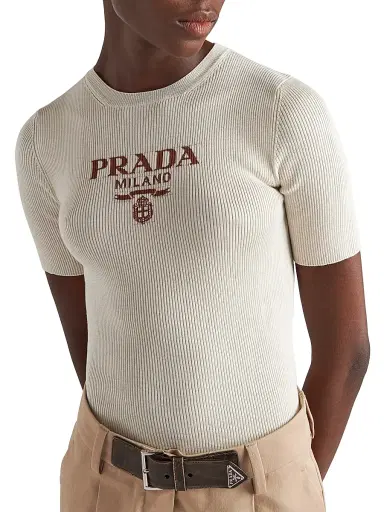 Prada Women's Silk Crewneck Sweater with Logo - Beige | Thumbnail 3 Prada Women's Silk Crewneck Sweater with Logo - Beige | Thumbnail 3