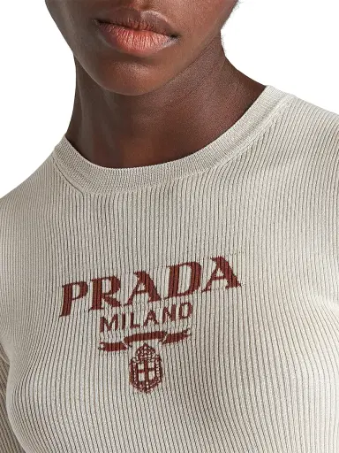 Prada Women's Silk Crewneck Sweater with Logo - Beige | Thumbnail 4 Prada Women's Silk Crewneck Sweater with Logo - Beige | Thumbnail 4