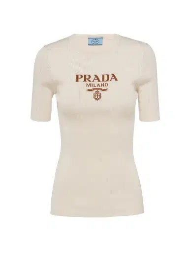 Prada Women's Silk Crewneck Sweater with Logo - Beige | Thumbnail 1 Prada Women's Silk Crewneck Sweater with Logo - Beige | Thumbnail 1