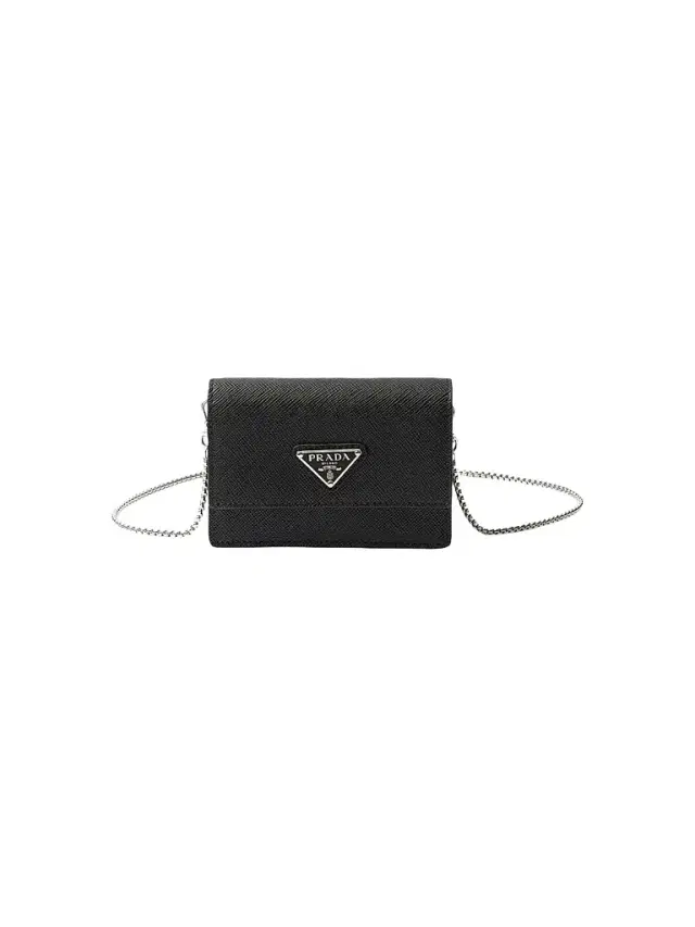 Women's Saffiano Leather Card Holder with Shoulder Strap - Black