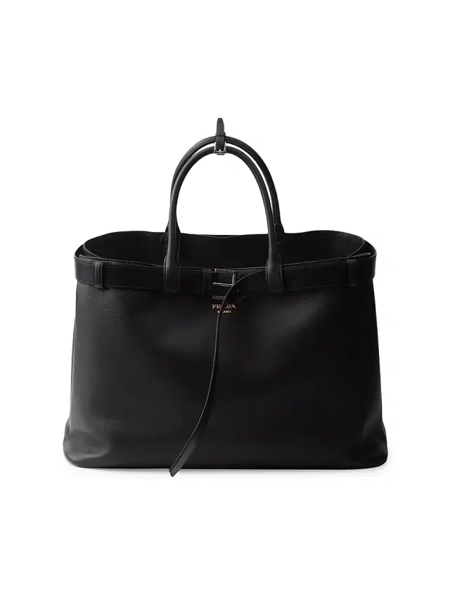 Men's Buckle Leather Bag with Belt - Black