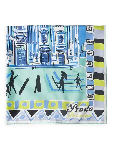 Prada Women's Pittoresque Milan Printed Silk Foulard 90CM Square Scarf - Blue | Thumbnail 2 Prada Women's Pittoresque Milan Printed Silk Foulard 90CM Square Scarf - Blue | Thumbnail 2