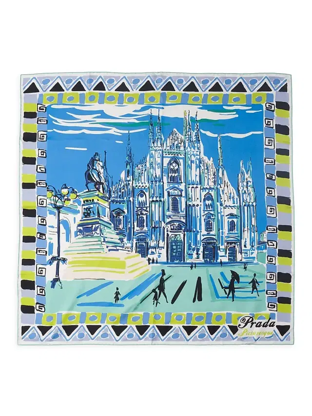 Prada Women's Pittoresque Milan Printed Silk Foulard 90CM Square Scarf - Blue