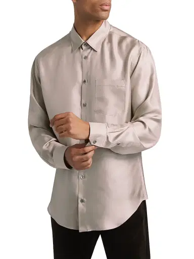 Giorgio Armani Men's Mr. Armani Long-Sleeve Silk Shirt - Tan - Size 46 | Thumbnail 3