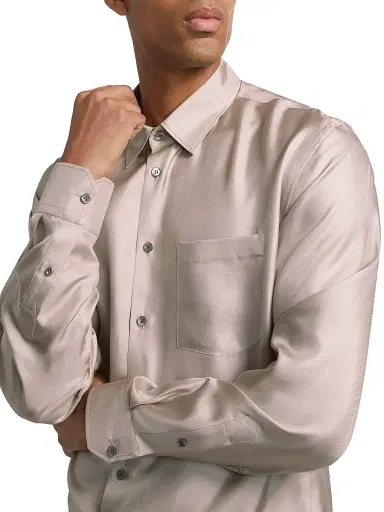 Giorgio Armani Men's Mr. Armani Long-Sleeve Silk Shirt - Tan - Size 46 | Thumbnail 6