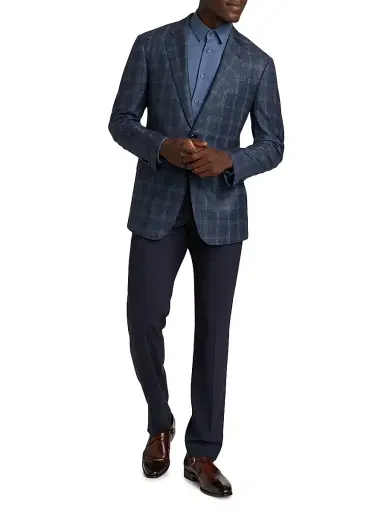 Giorgio Armani Men's Windowpane Plaid Wool Jacket - Navy Tan - Size 40 | Thumbnail 2 Giorgio Armani Men's Windowpane Plaid Wool Jacket - Navy Tan - Size 40 | Thumbnail 2