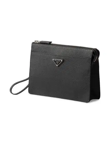 Prada Men's Saffiano Leather Pouch - Black | Thumbnail 2 Prada Men's Saffiano Leather Pouch - Black | Thumbnail 2