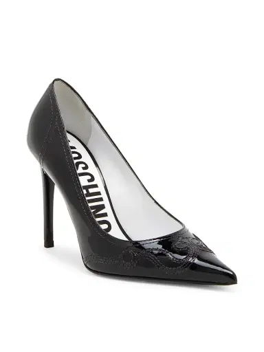 MOSCHINO Women's Question Stitching 100MM Leather Pumps - Black - Size 10.5 | Thumbnail 2
