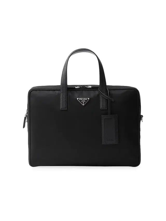 Men's Re-Nylon and Saffiano Leather Briefcase - Black