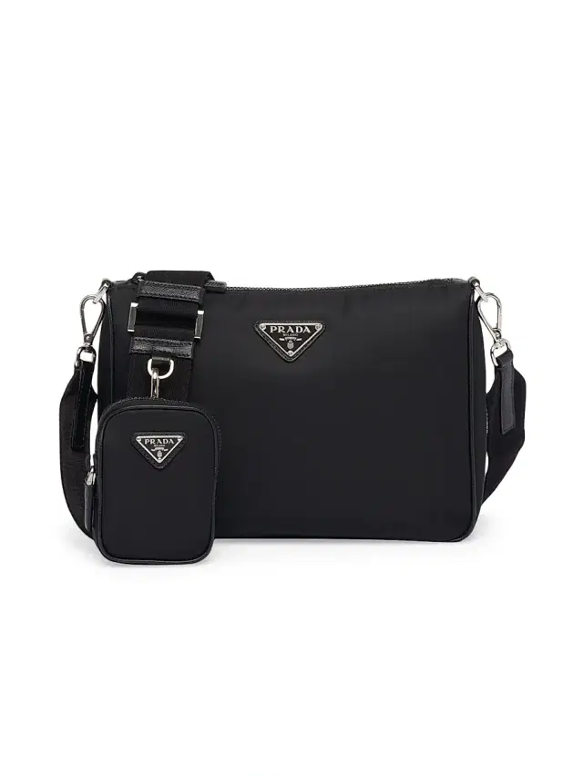 Men's Re-Nylon and Saffiano Leather Shoulder Bag - Black