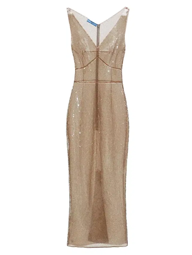 Women's Embroidered Tulle Dress - Beige