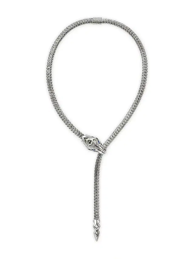 Women's Naga Dragon Sterling Silver, 0.16 TCW Diamond & Blue Sapphire Lariat Necklace - Silver