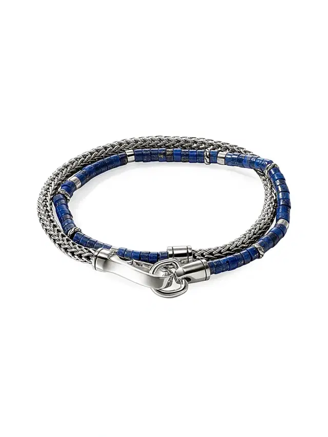 Men's Heishi Sterling Silver & Lapis Lazuli Chain Double Wrap Bracelet - Silver Lapis Men's Heishi Sterling Silver & Lapis Lazuli Chain Double Wrap Bracelet - Silver Lapis