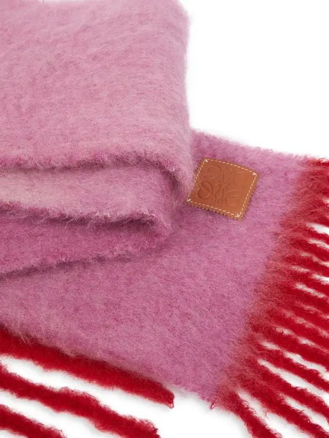 Women's Mohair-Wool Leather Patch Scarf - Pink Red