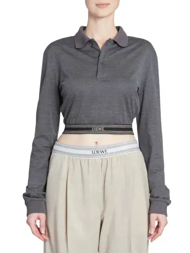LOEWE Women's Cotton & Silk-Blend Cropped Long-Sleeve Polo Shirt - Charcoal Melange | Thumbnail 2 LOEWE Women's Cotton & Silk-Blend Cropped Long-Sleeve Polo Shirt - Charcoal Melange | Thumbnail 2