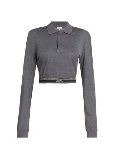 LOEWE Women's Cotton & Silk-Blend Cropped Long-Sleeve Polo Shirt - Charcoal Melange | Thumbnail 6 LOEWE Women's Cotton & Silk-Blend Cropped Long-Sleeve Polo Shirt - Charcoal Melange | Thumbnail 6