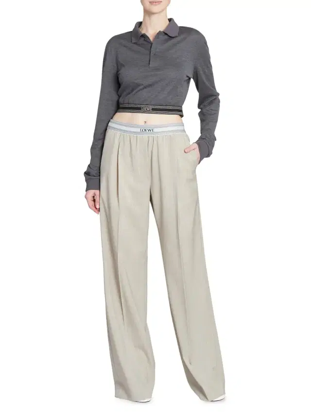 Women's Cotton & Silk-Blend Cropped Long-Sleeve Polo Shirt - Charcoal Melange
